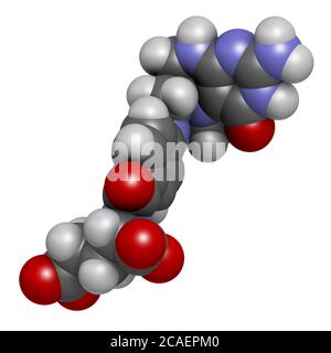 Levomefolic acid or 5-methyltetrahydrofolate molecule. 3D rendering. Atoms are represented as spheres with conventional color coding: hydrogen (white) Stock Photo