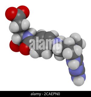 Levomefolic acid or 5-methyltetrahydrofolate molecule. 3D rendering. Atoms are represented as spheres with conventional color coding: hydrogen (white) Stock Photo