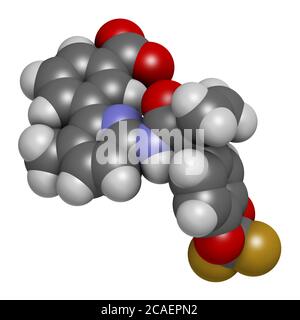 Lumacaftor cystic fibrosis drug molecule. 3D rendering. Atoms are represented as spheres with conventional color coding: hydrogen (white), carbon (gre Stock Photo