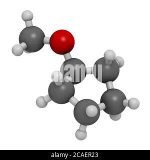 Cyclopentyl methyl ether solvent molecule 3D rendering. Atoms are represented as spheres with conventional color coding: hydrogen (white), carbon (gre Stock Photo