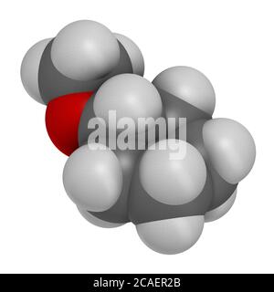 Cyclopentyl methyl ether solvent molecule 3D rendering. Atoms are represented as spheres with conventional color coding: hydrogen (white), carbon (gre Stock Photo