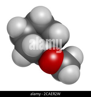 Cyclopentyl methyl ether solvent molecule 3D rendering. Atoms are represented as spheres with conventional color coding: hydrogen (white), carbon (gre Stock Photo