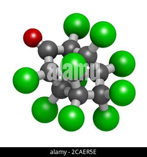 Chlordecone or kepone pesticide molecule. 3D rendering. Atoms are represented as spheres with conventional color coding: carbon (grey), oxygen (red), Stock Photo