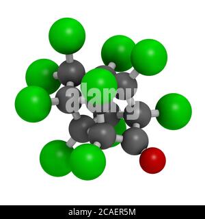 Chlordecone or kepone pesticide molecule. 3D rendering. Atoms are represented as spheres with conventional color coding: carbon (grey), oxygen (red), Stock Photo