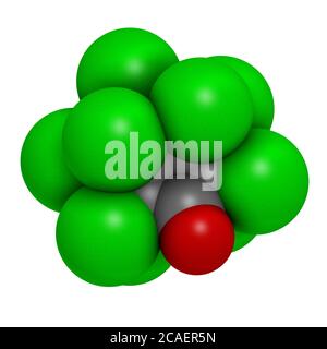 Chlordecone or kepone pesticide molecule. 3D rendering. Atoms are represented as spheres with conventional color coding: carbon (grey), oxygen (red), Stock Photo