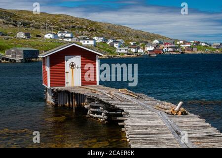 Fish stage and wooden pier, Fogo, Newfoundland and Labrador NL, Canada Stock Photo