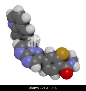 Capmatinib cancer drug molecule (c-met inhibitor). 3D rendering. Atoms are represented as spheres with conventional color coding: hydrogen (white), ca Stock Photo