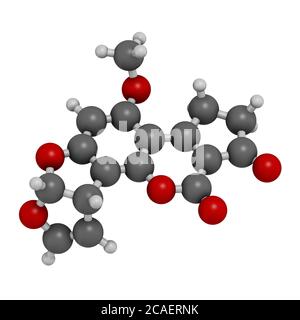 Aflatoxin B1 mold carcinogenic molecule. 3D rendering. Atoms are represented as spheres with conventional color coding: hydrogen (white), carbon (grey Stock Photo