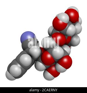 Amygdalin 3D rendering. Atoms are represented as spheres with conventional color coding: hydrogen (white), carbon (grey), oxygen (red), nitrogen (blue Stock Photo