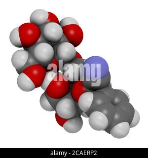 Amygdalin 3D rendering. Atoms are represented as spheres with conventional color coding: hydrogen (white), carbon (grey), oxygen (red), nitrogen (blue Stock Photo