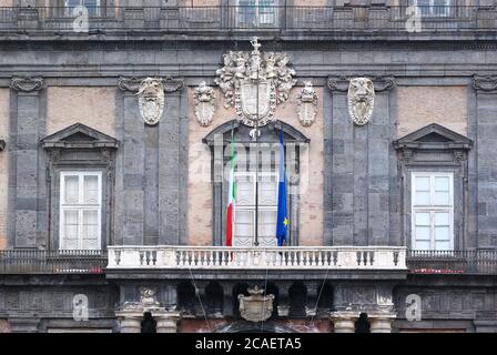 NAPLES, ITALY - GENUARY 04, 2008: detail facade of Royal Palace of Naples historical monument and landmark of Campania tourism Stock Photo