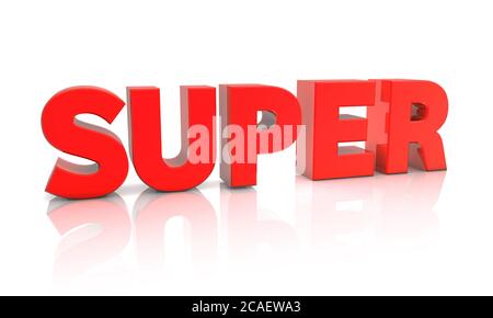 3D rendering of red block letters spelling out super on a white background Stock Photo