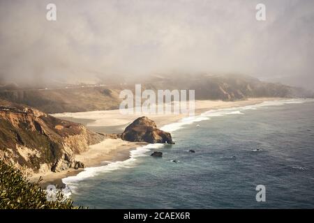 Aerial view of foggy Little Sur River Beach, Big Sur, California, USA Stock Photo