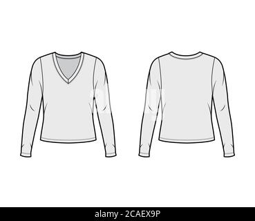 Deep V-neck jersey t-shirt technical fashion illustration with