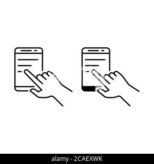 Hand clicks on the phone outline and glyph icons Stock Vector