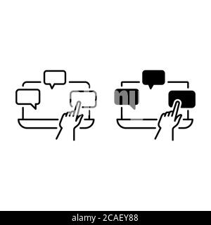 Hand clicking on message on laptop outline and glyph icons Stock Vector