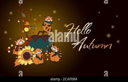 Vector poster hello autumn. Cute funny animal. Autumn mood Stock Vector