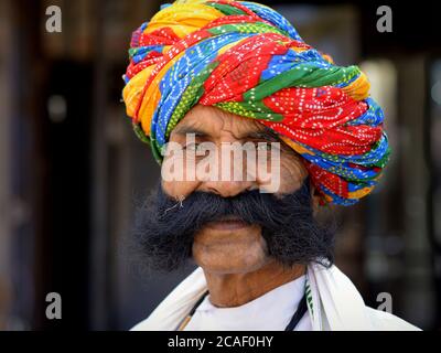 Old Indian Rajasthani man with a black-dyed big moustache (friendly mutton chops wears a colourful Rajasthani turban (pagari) and looks at the camera. Stock Photo