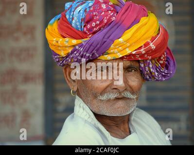 Old Indian Rajasthani man with moustache wears a colourful Rajasthani turban (pagari) and looks at the camera. Stock Photo