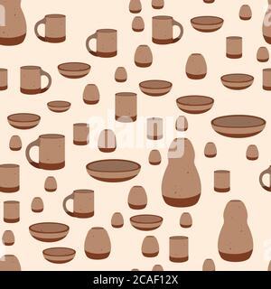 Handmade clay pottery - plate, jug, glass. Seamless pattern. Stock Vector