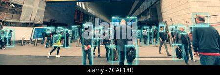 Ai identify person technology for recognize, classify and predict human behavior for safety. Futuristic artificial intelligence. Surveillance and data collection of citizens through city cameras. Stock Photo
