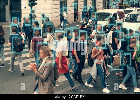 Face detection and recognition of citizens people, AI collect and analyze human data. Artificial intelligence AI concept as technology for safe city in future. Stock Photo