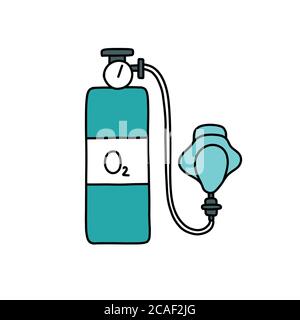 oxygen mask and cylinder doodle icon, vector color illustration Stock Vector