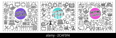 Gadgets and Computers, Computer Software and Shopping doodle icons set Stock Vector