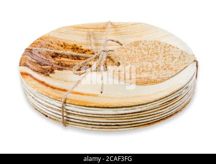 Plates made from dried betel nut leaf palm, natural material isolated on white background, Save clipping path. The Green product eco friendly concept. Stock Photo