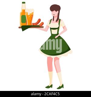 Bavarian girl on white isolated backdrop. Octoberfest beer and sausages for invitation or gift card, notebook, beer pub logo, scrapbook. Phone case or Stock Vector