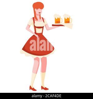 Bavarian girl holds beer mugs on white isolated backdrop. Octoberfest for invitation or gift card, notebook, beer pub logo, scrapbook. Phone case or c Stock Vector