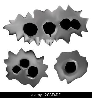 holes from bullets in a metal surface on a white isolated background Stock Vector