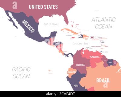 Central America map. High detailed political map Central American and Caribbean region with country, ocean and sea names labeling. Stock Vector