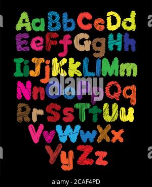 Alphabet kids doodle colored hand drawing Stock Vector