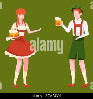 Bavarian girl and man with beer on green backdrop. Octoberfest festival for invitation or gift card, notebook, beer pub logo, scrapbook. Phone case or Stock Vector