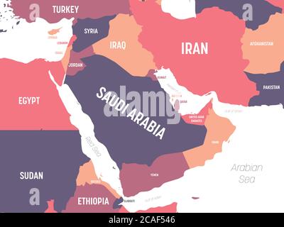 Middle East map. High detailed political map of Middle East and Arabian Peninsula region with country, ocean and sea names labeling. Stock Vector
