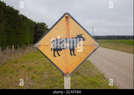 New Zealand Countryside Scenes: Danger and Warning signs e.g. on Irrigation Infrastructure; Forestry Plantations; River Gravel Extraction. Stock Photo