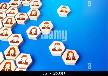 Heterogeneous social structure of employee hexagons. Recruiting and personnel management. Process of creating a business single group hierarchy or com Stock Photo