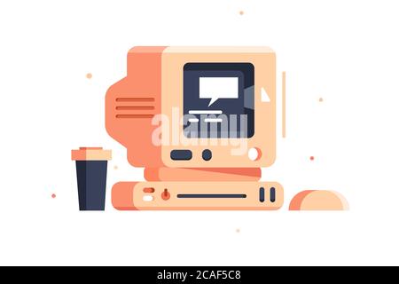 Vintage square computer with drive, flat style. Stock Vector