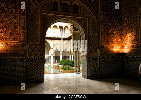 Seville, Spain: Moorish architecture of beautiful castle called Real Alcazar in Seville, Andalusia, Spain Stock Photo