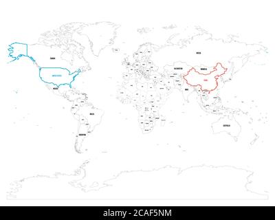 United States and China highlighted on political map of World. Vector illustration. Stock Vector