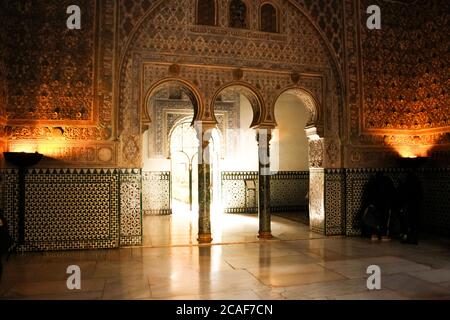 Seville, Spain: Moorish architecture of beautiful castle called Real Alcazar in Seville, Andalusia, Spain Stock Photo