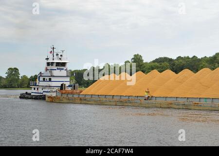 Tugboat pushes a loaded sand barge along the Nanticoke River, near Seaford, Delaware. Stock Photo