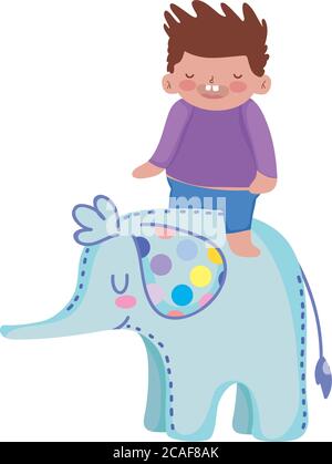 kids toys little boy playing on elephant cartoon isolated icon design white background vector illustration Stock Vector