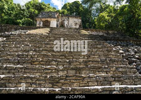 Steep stairs on the  Temple of the Skull, or Temple XII, in the ruins of the Mayan city of Palenque,  Palenque National Park, Chiapas, Mexico. Stock Photo