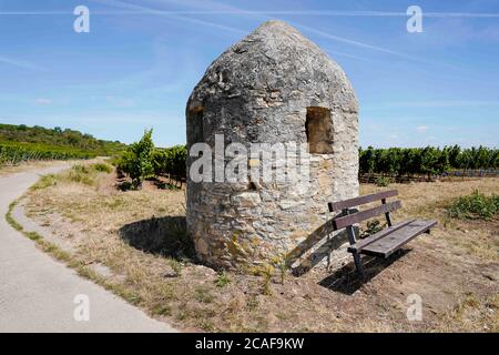 29 July 2020, Rhineland-Palatinate, Bockenheim an der Weinstraße: A trullo, also known as a round house, stands in the vineyards between the villages of Wachenheim and Bockenheim an der Weinstraße. (to dpa 'Trullo shines in the vineyard') Photo: Uwe Anspach/dpa Stock Photo