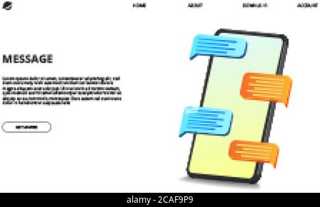 3D isometric perspective mobile phone smartphone illustration with bubble chat message concept for landing page illustration Stock Vector