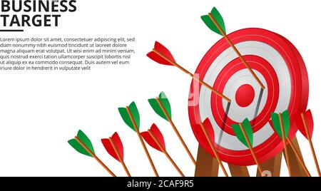 Archery arrow on 3D red target board. business goal achievement illustration concept. poster banner template Stock Vector