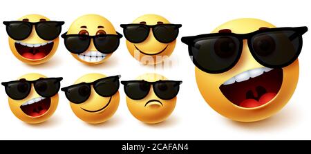 Smiley in sunglasses vector set. Smileys emoji character wearing glasses with different facial expression like cute, naughty, crazy and cool Stock Vector