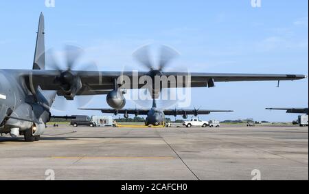 An AC-130J Ghostrider gunship with the 73rd Special Operations Squadron is parked on the flightline at Hurlburt Field, Florida, Aug. 5, 2020. The AC-130J is a highly modified aircraft containing advanced features with its primary missions of close air support, air interdiction and armed reconnaissance. (U.S. Air Force photo by Airman 1st Class Hailey M. Ziegler) Stock Photo